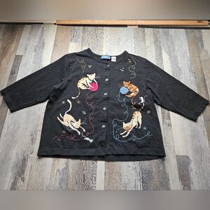 Onque Casuals Cat With Yard Themed Cardigan Shirt Black Large